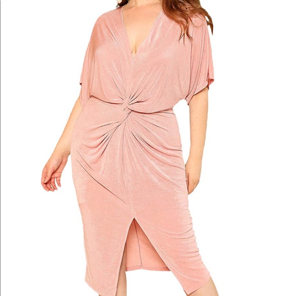 Pink twist front split midi dress